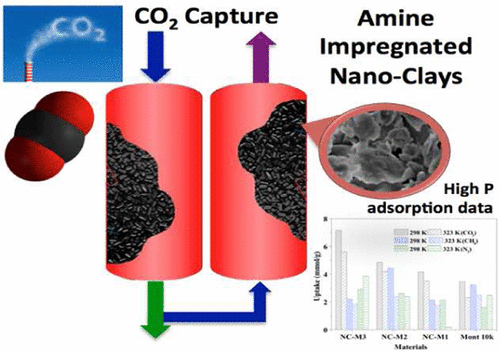 High pressure methane, carbon dioxide and nitrogen adsorption on amine-impregnated porous montmorillonite nano-clays